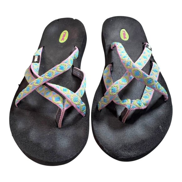 Teva Womens Multicolor Strappy Flip Flop Sandals Size 8 Olawahu Pink Green Blue - Picture 1 of 9